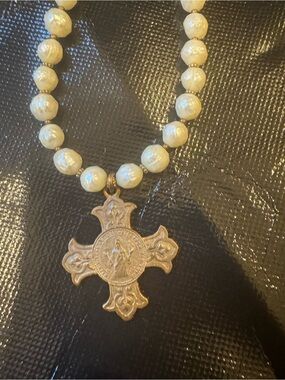 Pearl Beaded Necklace with Gold Cross Pendant